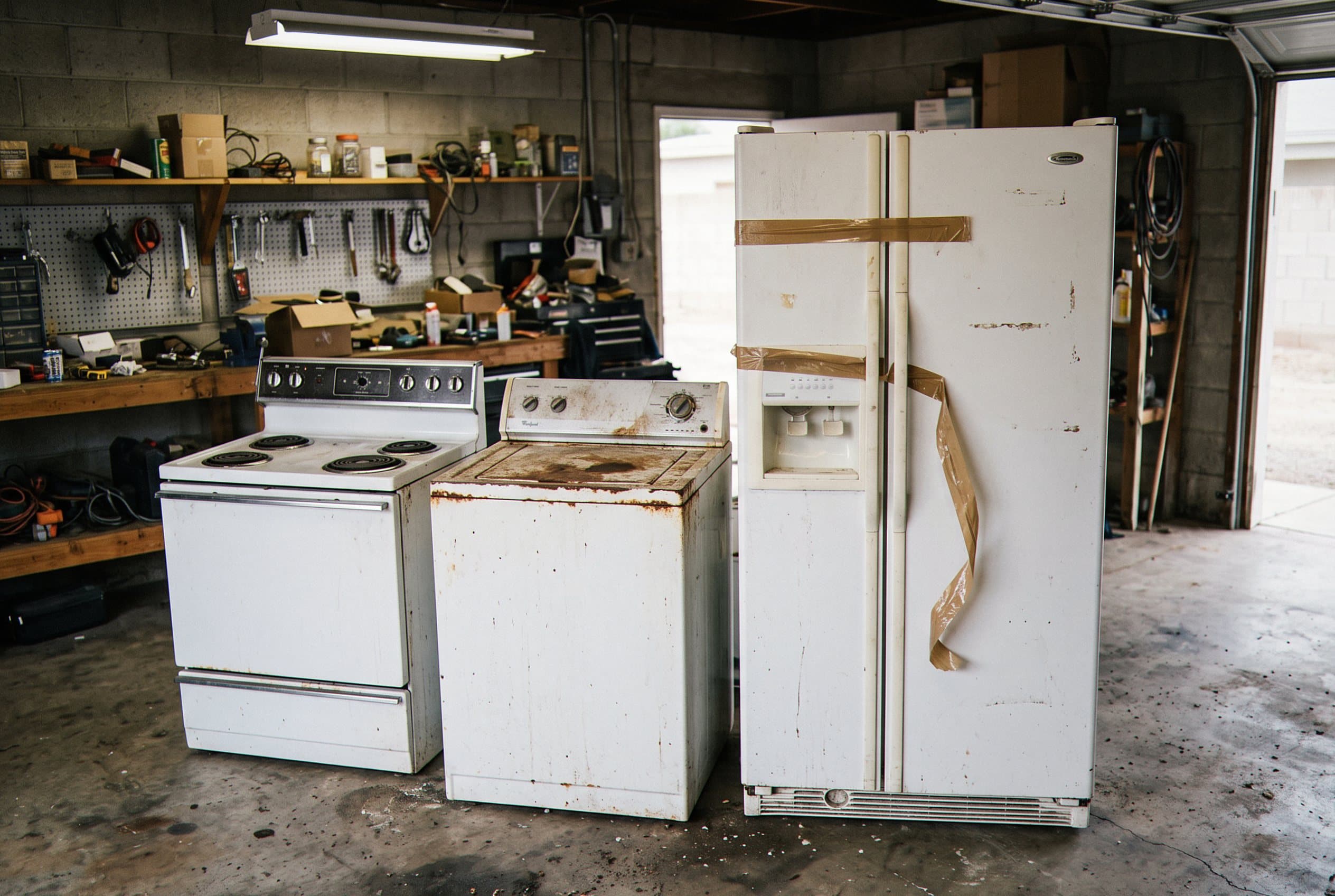 Old washer and dryer waiting in a garage