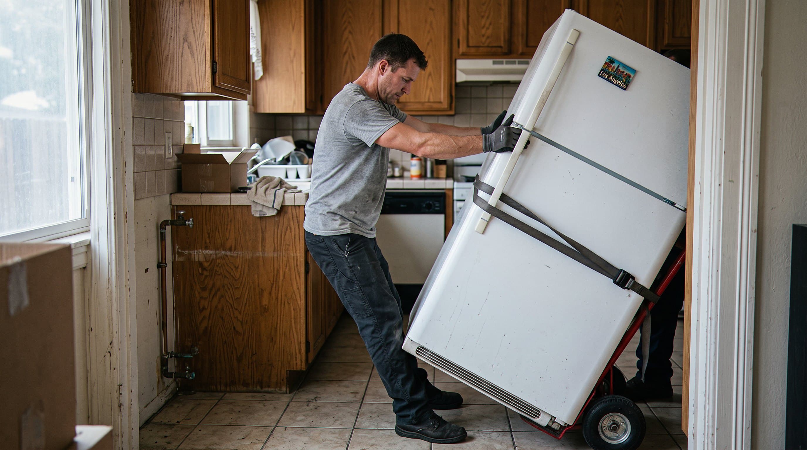Two movers carrying a refrigerator through a doorway