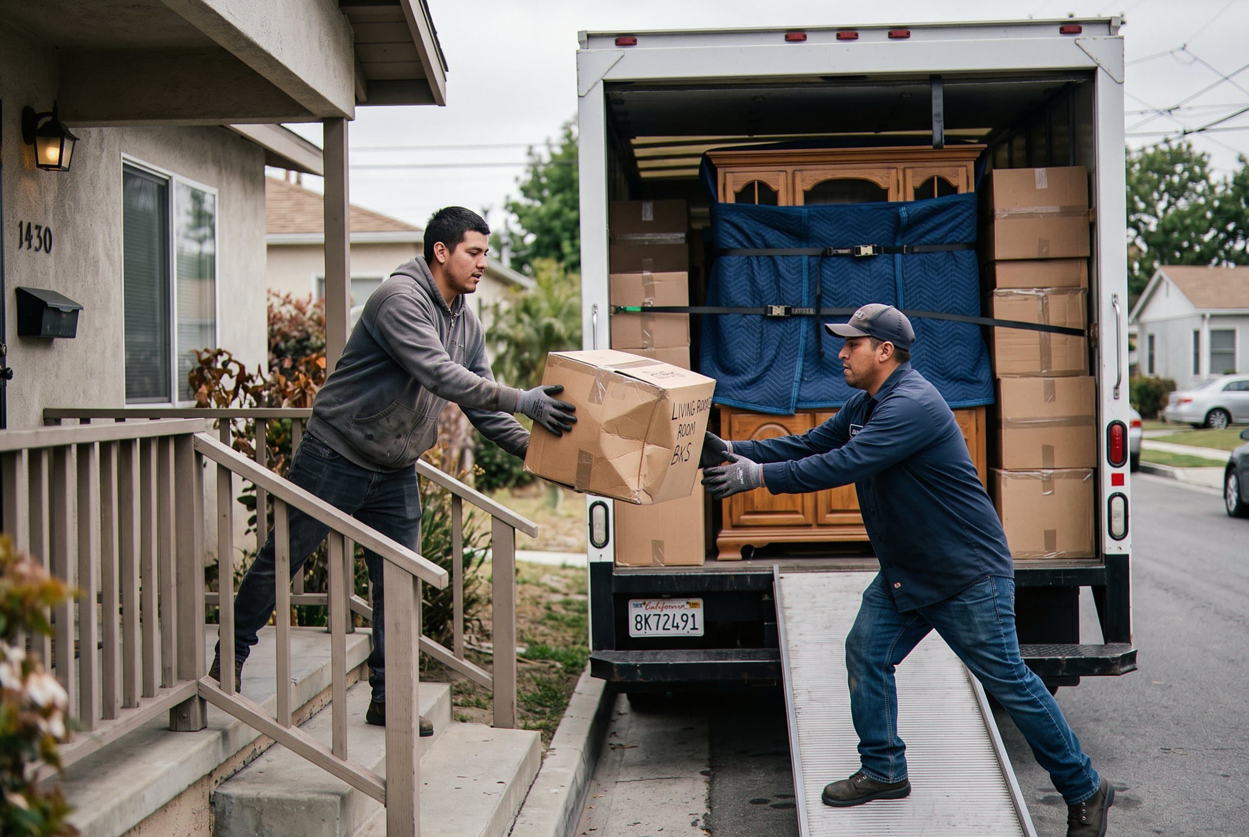 Crew loading moving boxes onto a truck