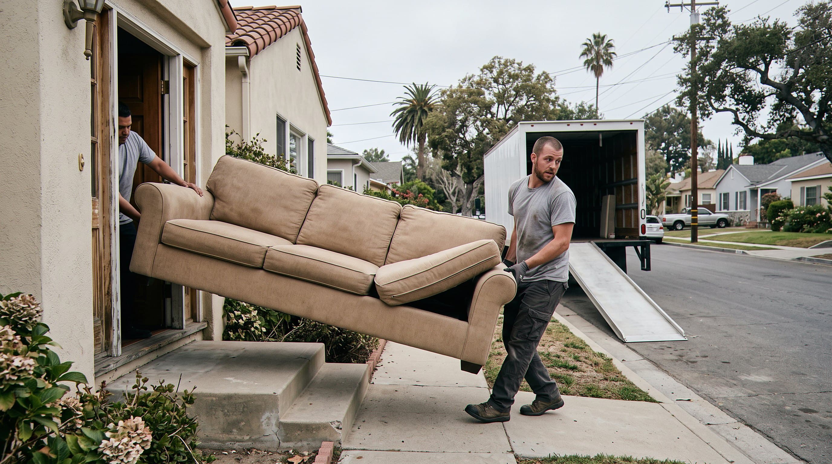 Crew carrying a sofa out of a house