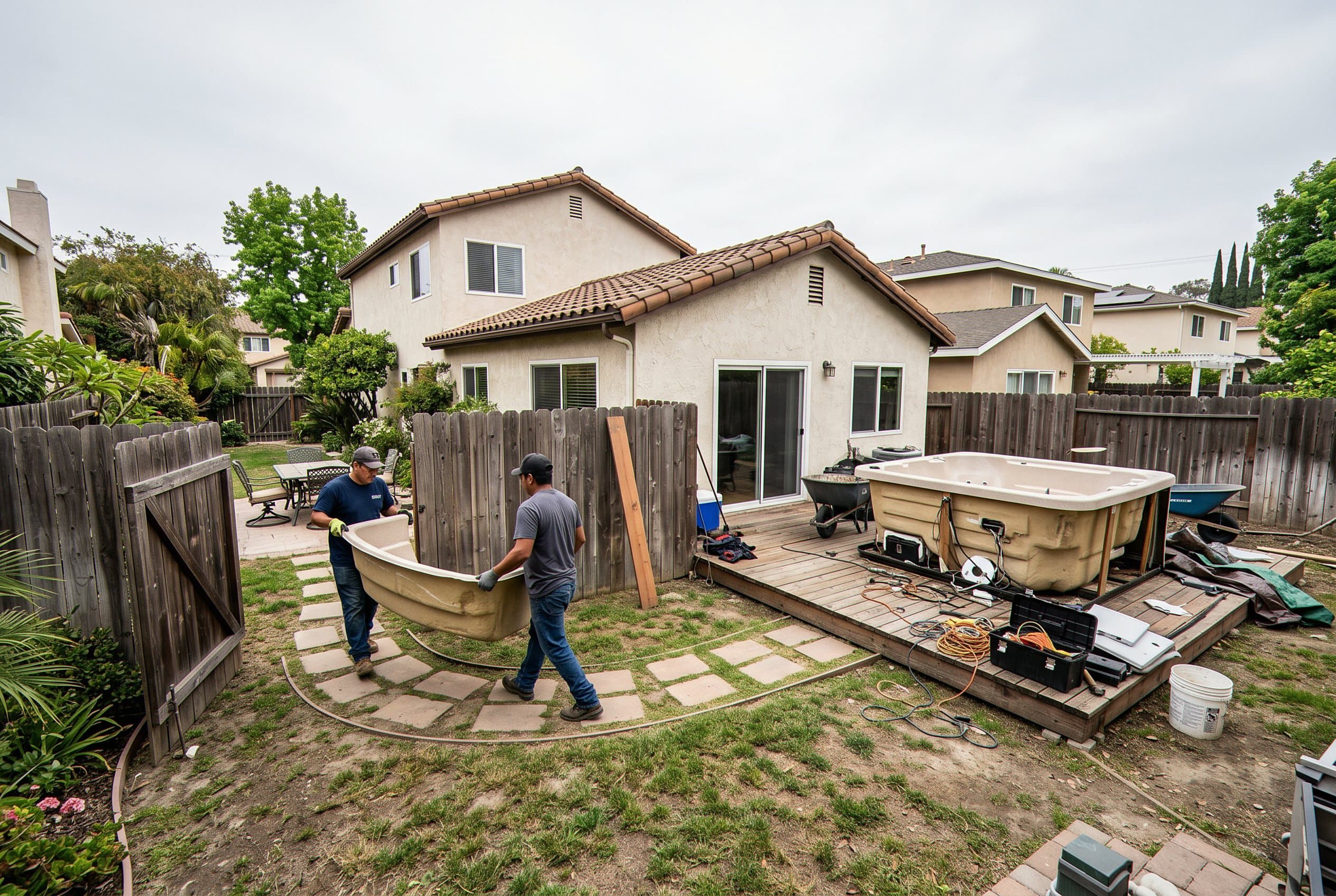 Wide view of a backyard hot tub removal