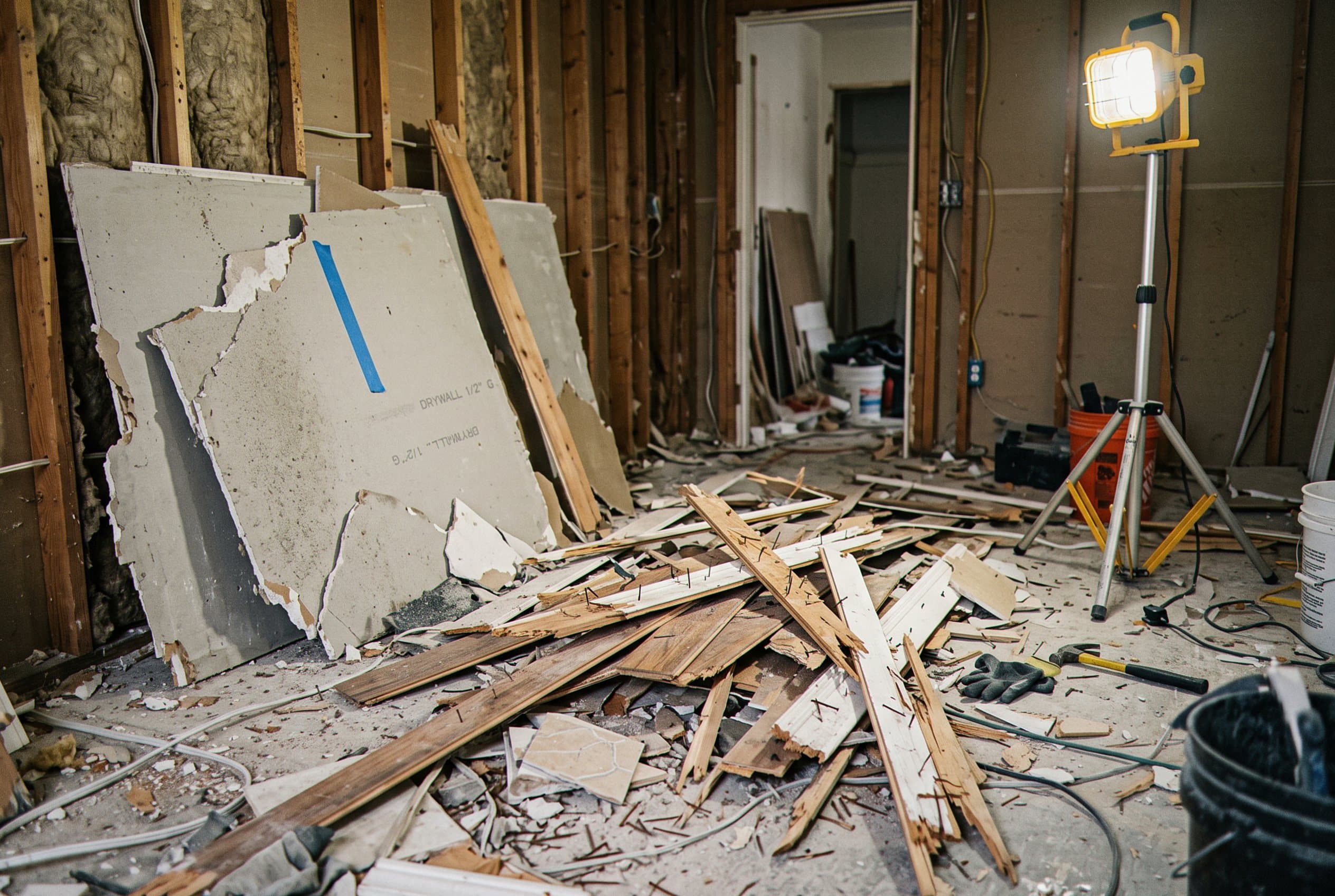 Pile of drywall and lumber debris indoors