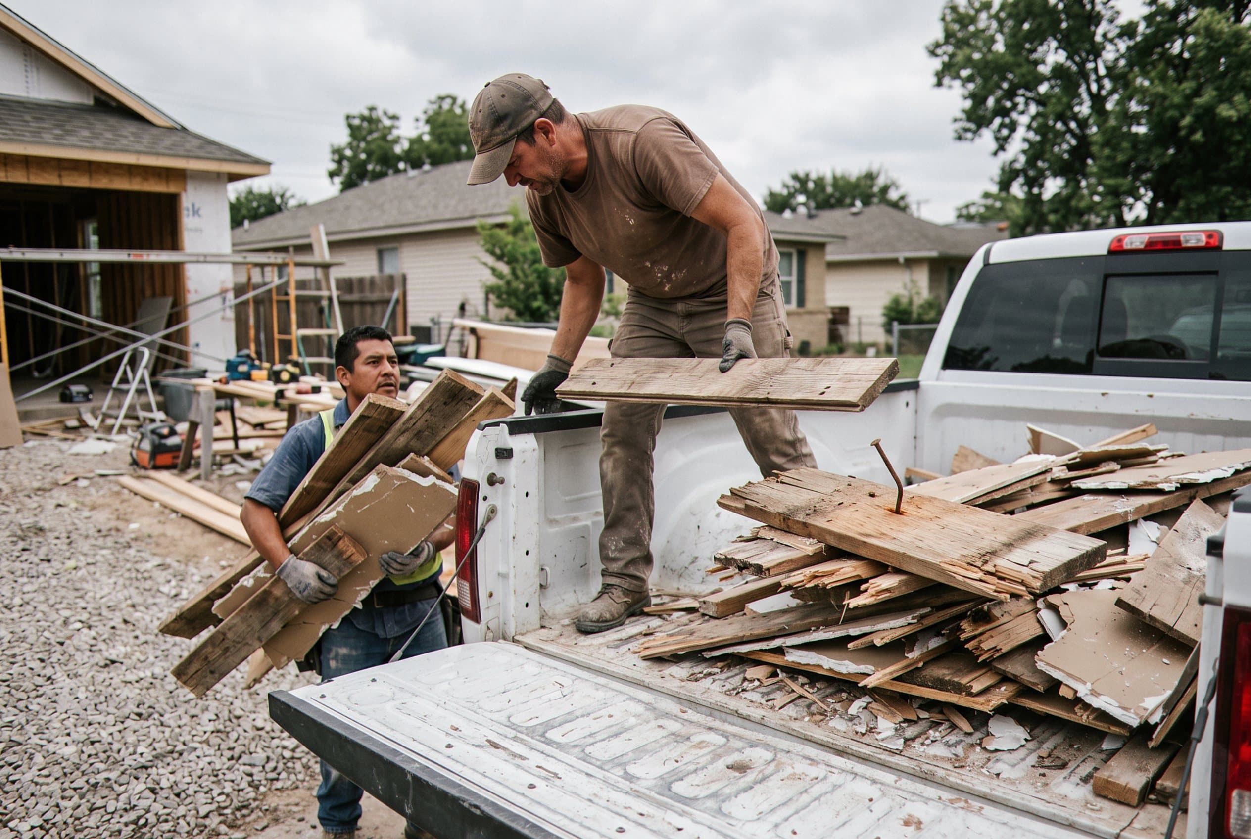 Workers loading construction debris onto a truck