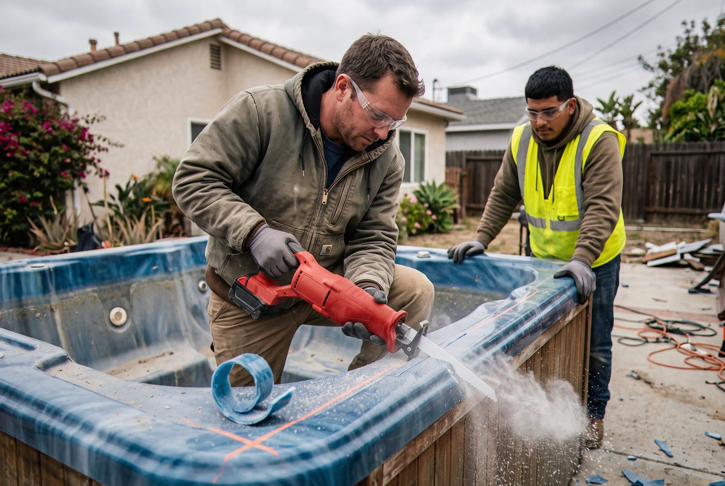 Crew cutting apart a hot tub shell