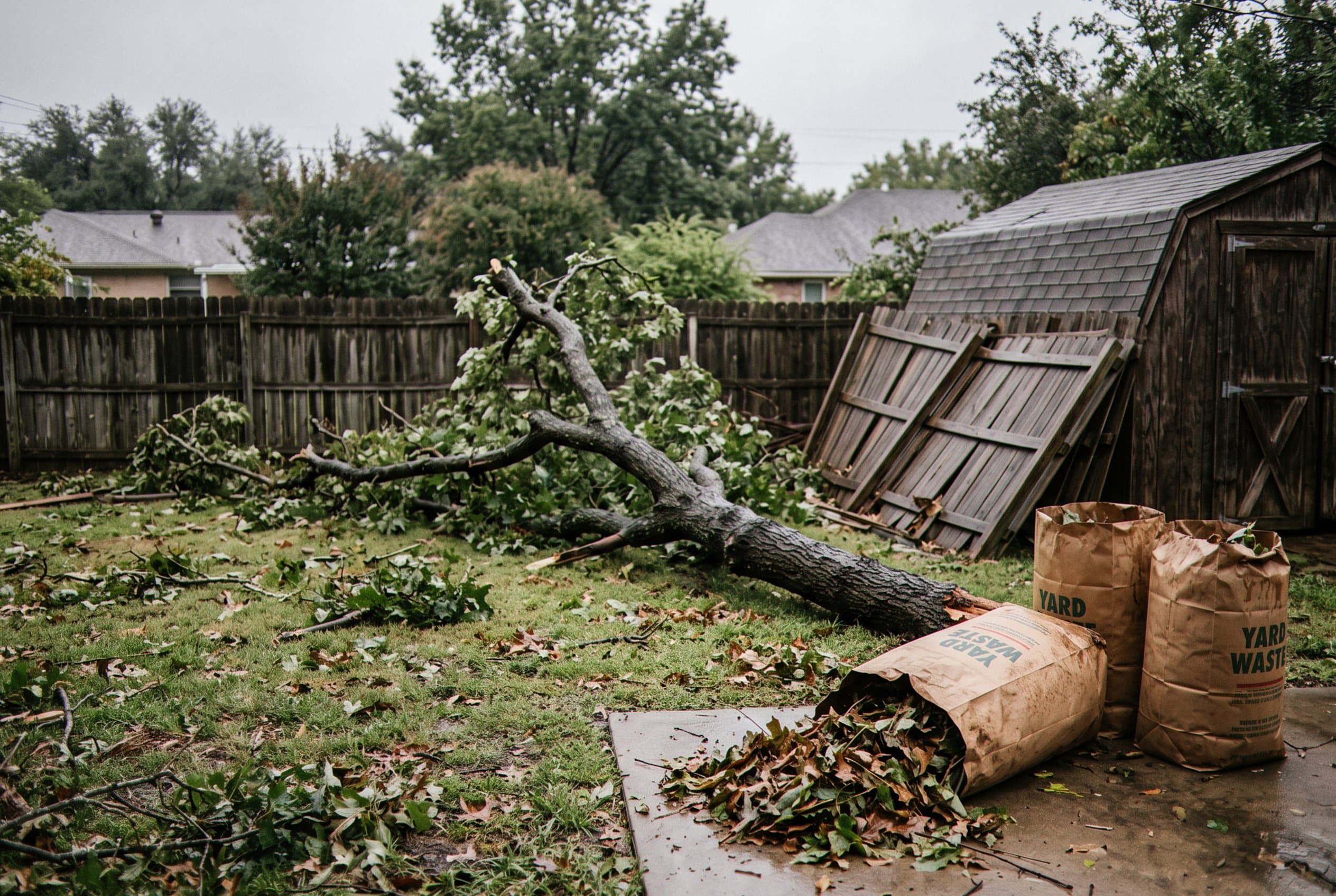 Yard piled with branches before removal