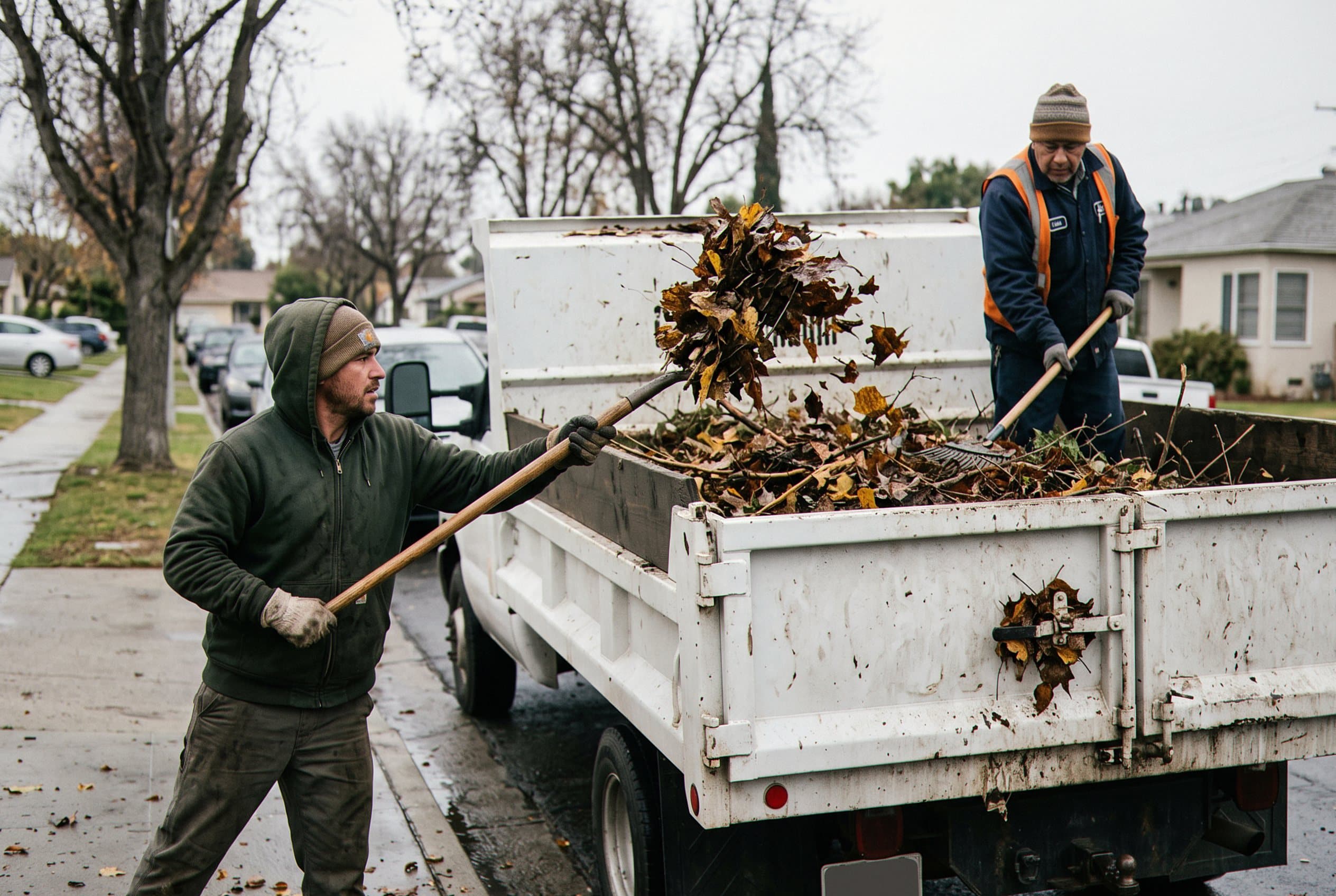 Crew loading yard waste onto a truck